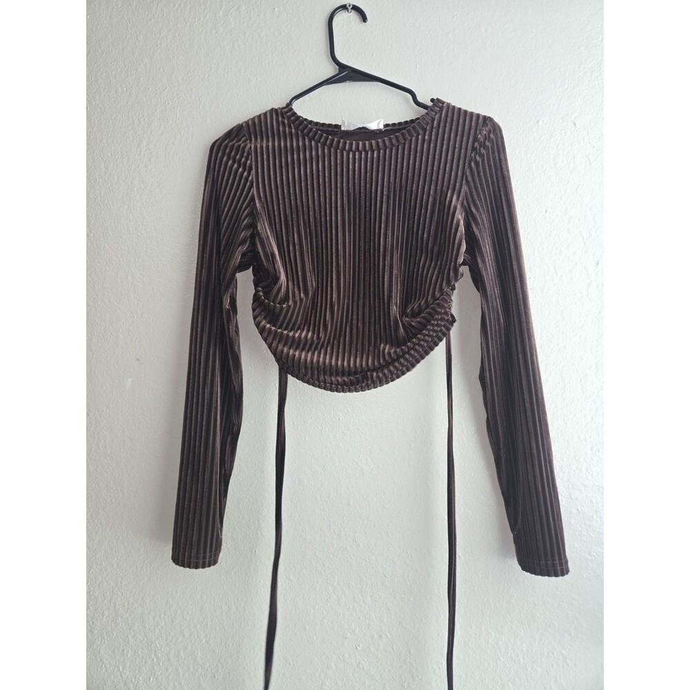 American Threads Brown Velvet Ribbed Crop Top Long Sleeve Cinched Side Blouse M